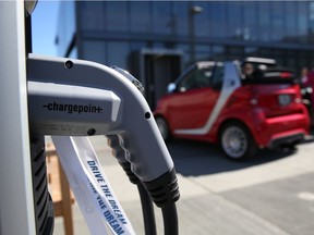 A ChargePoint electric vehicle charger is displayed during the Drive The Dream event at the Exploratorium on September 16, 2013 in San Francisco, California.