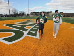 St. Clair College Fratmen football players Josh Allen, left, and Jared Hayes-Williams are set for the team's debut at the new Acumen Stadium on Saturday.