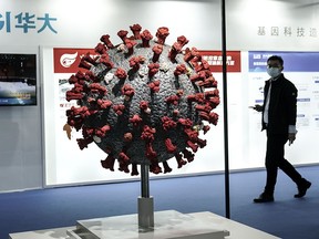 Guests check out the model of coronavirus during the Second World Health Expo held on November 13,2020 in Wuhan, China.