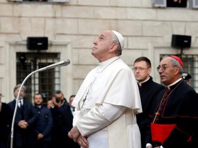 Pope Francis leads the Immaculate Conception celebration prayer in Rome's Piazza di Spagna, Dec. 8, 2019.