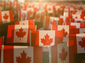 Miniature Canadian Flags are seen outside the Sunnybrook Hospital on November 10, 2020 ahead of Remembrance Day in Toronto, Ontario, Canada.