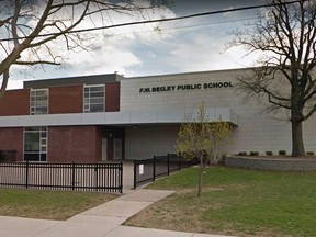 The exterior of Frank W. Begley Public School at 1093 Assumption St. in Windsor, as seen in a 2014 Google Maps image.