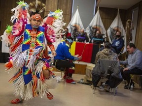 A traditional First Nations dance is performed at the announcement that 201 acres of land has been confirmed for the start of a Caldwell First Nations reserve, Monday, Nov. 23, 2020.