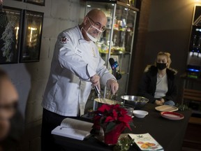 Chef Dave Nugent prepares macaroni and cheese during a cooking demonstration at Greentown Cannabis meant to teach customers how to cook different foods with cannabis oil, Wednesday, Nov. 18, 2020.