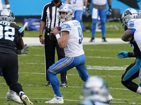 Detroit Lions quarterback Matthew Stafford (9), seen in action in Sunday's shutout loss in Carolina, thinks there is still time for the team to turn things around.