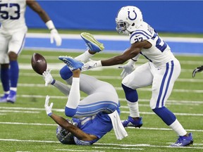 Detroit Lions wide receiver Kenny Golladay is unable to make a catch against Indianapolis Colts cornerback Xavier Rhodes during the first quarter at Ford Field.
