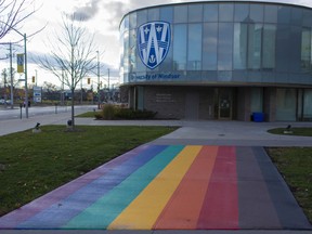 A rainbow crosswalk at the University of Windsor, meant to foster inclusivity, is pictured, Friday, Nov. 13, 2020.