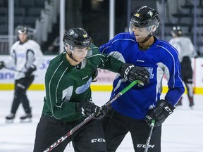 Belle River's Logan Mailloux (left) jokes around with teammate Bryce Montgomery during practice with the London Knights last season.