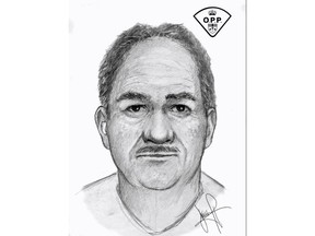 An Ontario Provincial Police composite drawing, released Nov. 15, 2020, of a suspect sought in relation to an incident on Nov. 12, 2020, on Broadway Street in Belle River. A young girl was riding her bicycle when she was approached and kissed by an older man.