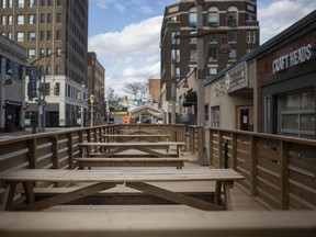 An extended patio on Pelissier Street, erected during the COVID-19 pandemic, is pictured, Tuesday, Nov. 10, 2020.