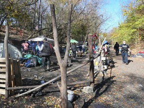 Windsor police officers inform homeless people they must leave their encampment on private property at Caron Avenue and University Avenue West on Nov. 4, 2020.