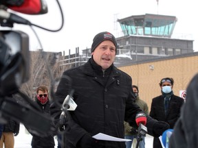 In this file photo from Dec. 1, Windsor Mayor Drew Dilkens joined with Windsor West MP Brian Masse expressing their concerns over proposed 'detrimental plans' to review the possible removal of air-traffic control at Windsor International Airport.