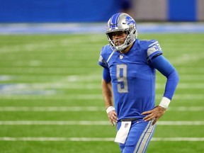 Matthew Stafford of the Detroit Lions reacts during the second half against the Green Bay Packers at Ford Field on December 13, 2020 in Detroit, Michigan.