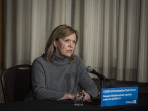 Christine Elliott, Deputy Premier and Minister of Health, responds to a question during a press conference regarding COVID-19 vaccine distribution, at Queen's Park in Toronto on Friday, December 11, 2020.