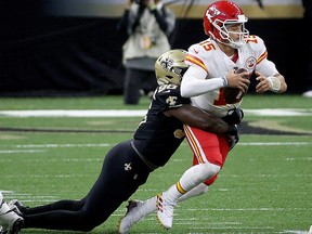 Patrick Mahomes of the Kansas City Chiefs is sacked by Carl Granderson of the New Orleans Saints at Mercedes-Benz Superdome on December 20, 2020 in New Orleans.