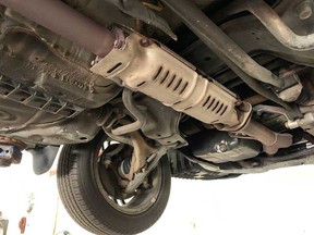 An example of where the catalytic converter is located in the undercarriage of a vehicle, as shown by Coquitlam RCMP.