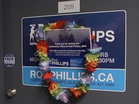 The constituency office door of MPP Rod Phillips is seen on Thursday December 31, 2020.