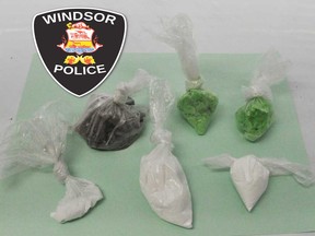 Quantities of fentanyl, crystal methamphetamine, and cocaine seized by Windsor police in a raid on Dec. 9, 2020.
