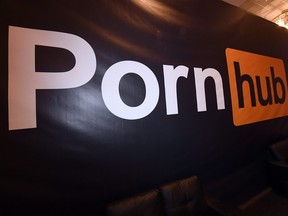 A Pornhub logo is displayed at the company's booth at the 2018 AVN Adult Entertainment Expo at the Hard Rock Hotel & Casino on January 24, 2018 in Las Vegas, Nevada.