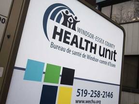 The sign outside the Windsor-Essex County Health Unit offices on Ouellette Avenue in March 2020.
