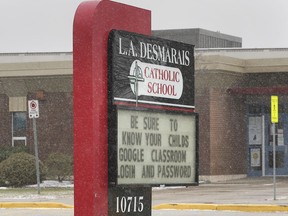 The exterior of L.A. Desmarais Catholic Elementary School in Windsor, ON. is shown on Wednesday, December 16, 2020.