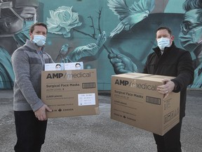 Andrew Glover, left, and David Glover pose on Tuesday, December 8, 2020 with 4000 level 3 surgical masks they donated to Hotel-Dieu Grace Healthcare. The masks were manufactured in Windsor by Harbour Technologies through a partnership with AMP Medical. The photo was taken in front of the new mural on the Penalty Box Restaurant in Windsor.