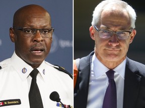 Former Toronto Police chief Mark Saunders, left, and Ontario Chief Coroner Dr. Dirk Huyer.