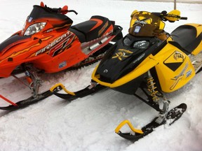 Two snowmobiles that were stolen in the Lakeshore area on Dec. 2, 2020.
