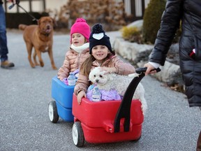 Megan Cooper and Russ Oates take children Nora Oates, 6, and Grace Oates, 4 for a brisk walk through Windsor's Reaume Park on Sunday.
