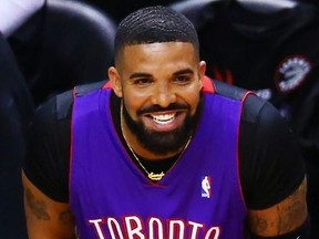 Rapper Drake is seen wearing a Dell Curry jersey before Game One of the 2019 NBA Finals between the Golden State Warriors and the Toronto Raptors at Scotiabank Arena on May 30, 2019 in Toronto, Canada.