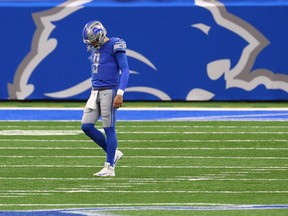 Matthew Stafford of the Detroit Lions walks to the sidelines in the second quarter of the game against the Minnesota Vikings at Ford Field on January 3, 2021 in Detroit, Michigan.