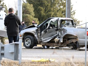 OPP, Essex-Windsor EMS paramedics and Lakeshore firefighters assisted the driver of a pickup truck following a collision with a tractor trailer rig carrying an excavator on Manning Road just south of the intersection with County Road 34. One female was rescued from the pickup truck and placed on a backboard, then taken to hospital. (NICK BRANCACCIO/Windsor Star)