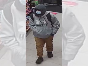 Lakeshore Ontario Provincial Police are looking for this suspect who allegedly committed a robbery in the 1600 block of County Road 22 the morning of Thursday, Jan. 14, 2021.