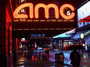View of a closed AMC movie theatre near Time Square on Oct. 12, 2020 in New York City.