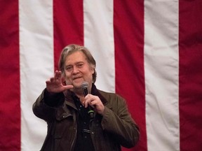 (FILES) In this file photo taken on December 11, 2017 former White House strategist Stephen Bannon speaks at a rally for Republican Senatorial candidate Roy Moore in Midland, Alabama. - President Donald Trump has decided to pardon his influential former adviser Steve Bannon, US media reported January 19, 2021, though no official announcement had been made as Trump counted down his final hours in the White House. Bannon was granted clemency after being charged with defrauding people over funds raised to build the Mexico border wall that was a flagship Trump policy, the New York Times said citing White House officials.