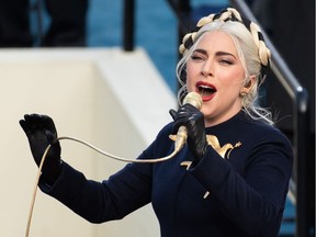 US Singer Lady Gaga sings the US National Anthem during the 59th Presidential Inaguruation on January 20, 2021, at the US Capitol in Washington, DC.