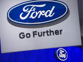 This file photo taken on January 10, 2017 shows the Ford logo seen during the 2017 North American International Auto Show in Detroit, Mich.