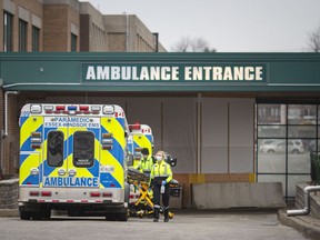 Ambulances line up outside Windsor Regional Hospital, Tuesday, January 12, 2020.