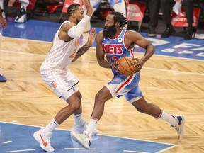 Brooklyn Nets guard James Harden drives to the basket in the third quarter against the Orlando Magic at Barclays Center.