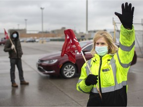 The union blockade continues outside the Windsor Assembly Plant, Monday, Jan. 18, 2021.