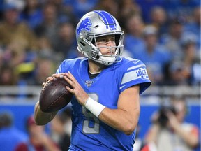 Detroit Lions quarterback Matthew Stafford drops back to pass during the second half against the Minnesota Vikings at Ford Field.