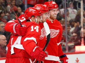 Detroit Red Wings center Robby Fabbri receives congratulations from teammates after scoring a goal in the second period against the Montreal Canadiens at Little Caesars Arena.