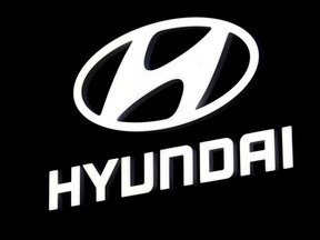 The Hyundai booth displays the company logo at the North American International Auto Show in Detroit, Jan. 16, 2018.