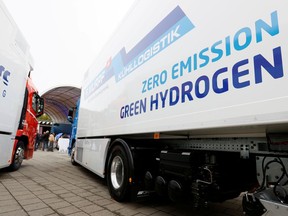 FILE PHOTO: A new hydrogen fuel cell truck made by Hyundai is pictured ahead of a media presentation for the zero-emission transport of goods at the Verkehrshaus Luzern (Swiss Museum of Transport) in Luzern, Switzerland October 7, 2020.