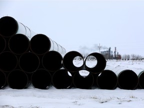 A depot used to store pipes for the planned Keystone XL oil pipeline is seen in Gascoyne, North Dakota, Jan. 25, 2017.