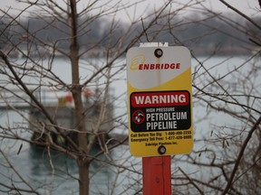 A saw marks a Enbridge Pipelines Inc.’ pipeline. The company is seeking to build a new line under the Straits of Mackinac.