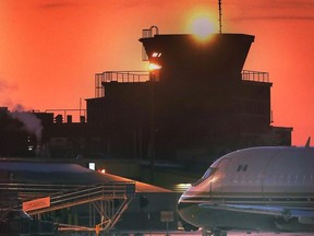 The Windsor International Airport control tower is shown at sunset on Friday, January 29, 2021.