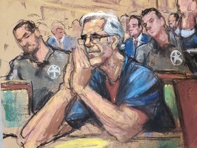 Jeffrey Epstein looks on during a a bail hearing in his sex-trafficking case, in this court sketch in New York, U.S., July 15, 2019.