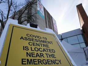 COVID-19 assessment centre sign at WRH Met Campus in February 2021.
