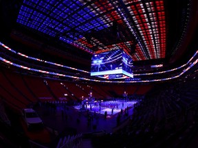 General view during the national anthem before a game between the New Orleans Pelicans and the Detroit Pistons at Little Caesars Arena on February 14, 2021 in Detroit, Michigan.